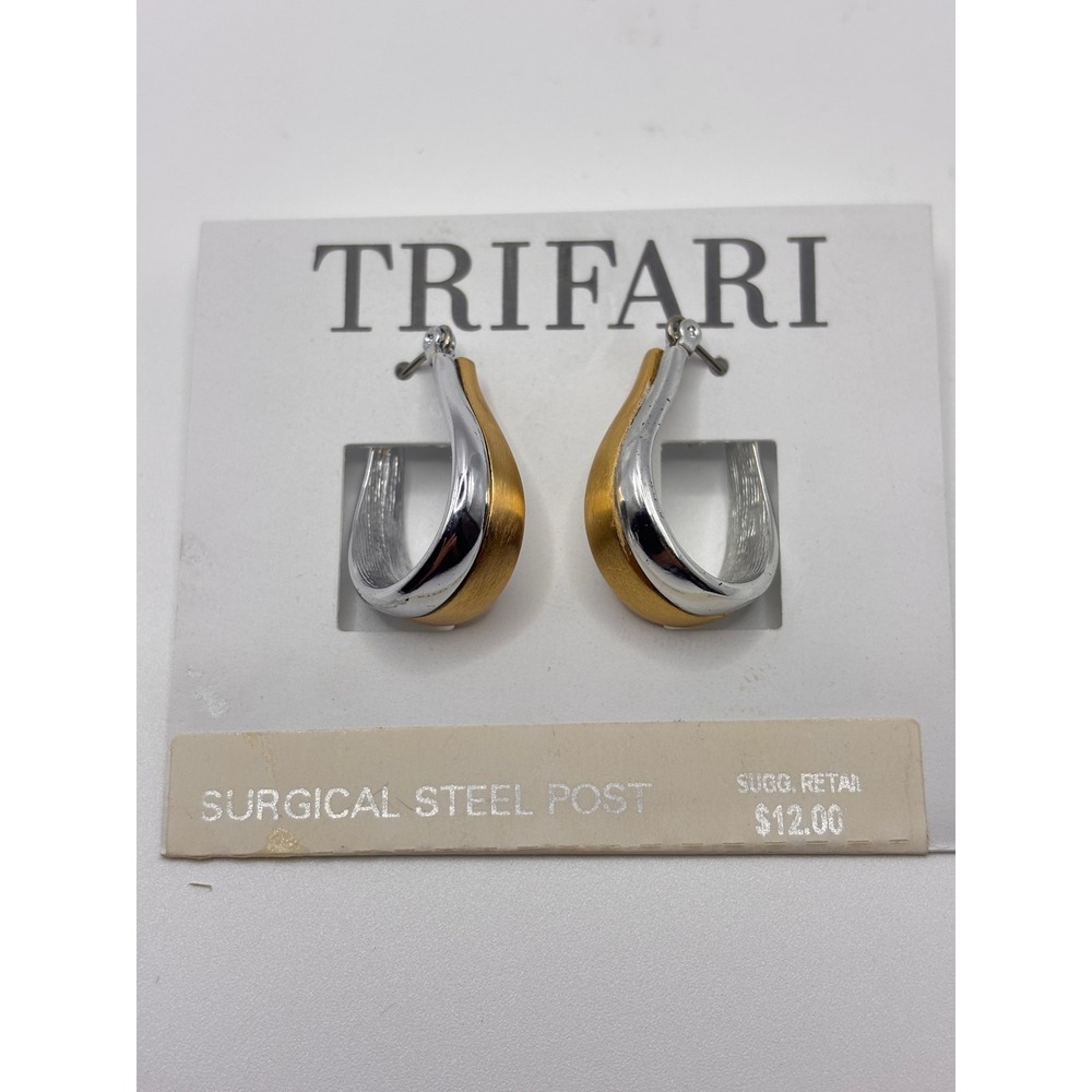Trifari Two Tone Gold Silver Brushed U Shape Hoop Earrings Surgical Steel Post